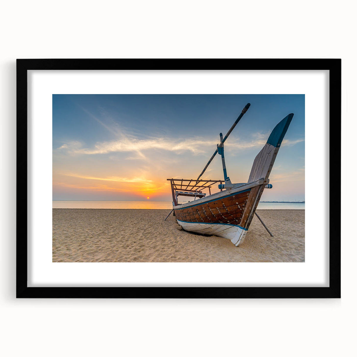 Colorful abstract art print of a Middle Eastern scenery in a black frame, ideal for living room decor.