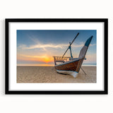 Colorful abstract art print of a Middle Eastern scenery in a black frame, ideal for living room decor.