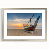 Textured abstract art print of a Middle Eastern scenery in muted earth tones, framed with a silver mat.