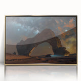 Mid-century modernist style large art print of a Saudi Arabia scenery in gold tones, acrylic framed.