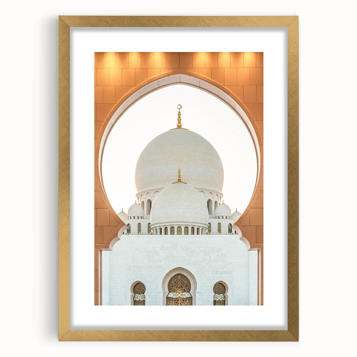 Extra large abstract art print of Abu Dhabi scenery in gold frame, featuring textured designs in neutral tones.