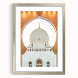 Textured abstract art print of Abu Dhabi scenery in muted earth tones on a framed canvas, ideal for bedroom art.