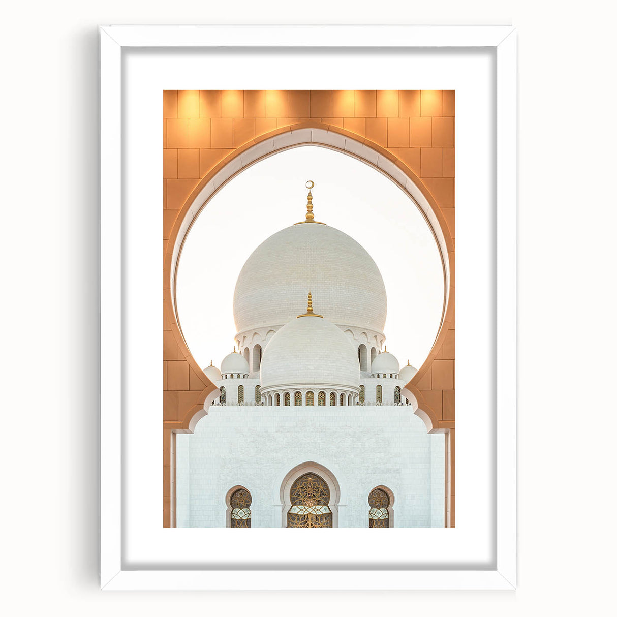 Abstract art print of Abu Dhabi skyline in muted gray and blue tones on a framed white mat.