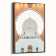 Black and white framed canvas of Abu Dhabi landscape, ideal for bedroom wall art with a vintage poster style.