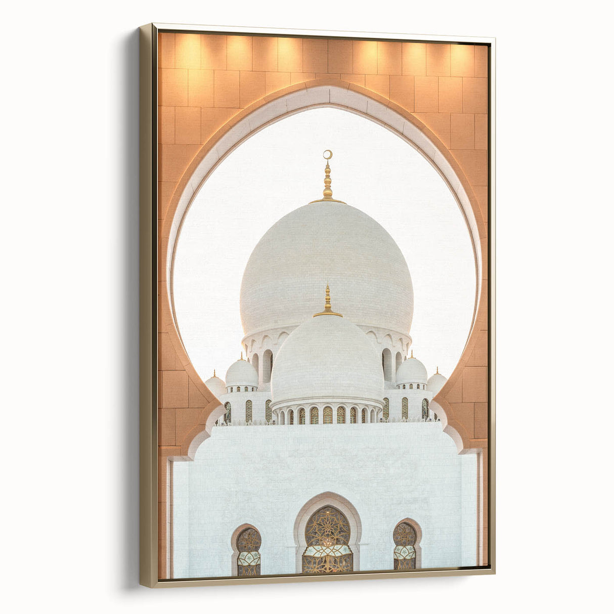 Framed canvas wall art of Abu Dhabi landscape in gold and black tones, suitable for bedroom decor.