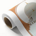 Art Deco style poster of Abu Dhabi skyline in muted gold and blue tones on rolled canvas, ideal for nursery wall art.
