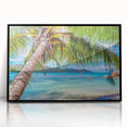 Large abstract wall art featuring an oceanic scene with vibrant blue and turquoise tones, in a black frame.