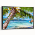 Black and white framed canvas depicting a serene Fiji landscape, ideal for bedroom wall art.