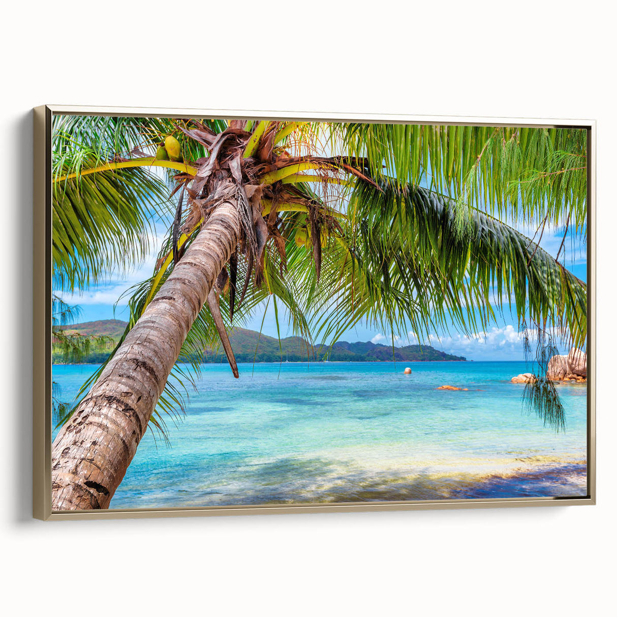 Vintage poster art of a serene Fiji landscape on framed canvas, featuring muted earth tones, ideal for bedroom wall decor.