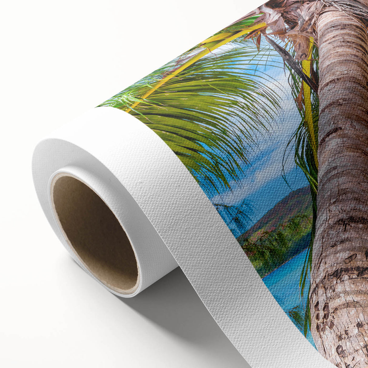 Art deco poster depicting serene Oceania Fiji scenery on rolled canvas, using soft blue and green tones.