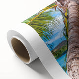 Art deco poster depicting serene Oceania Fiji scenery on rolled canvas, using soft blue and green tones.