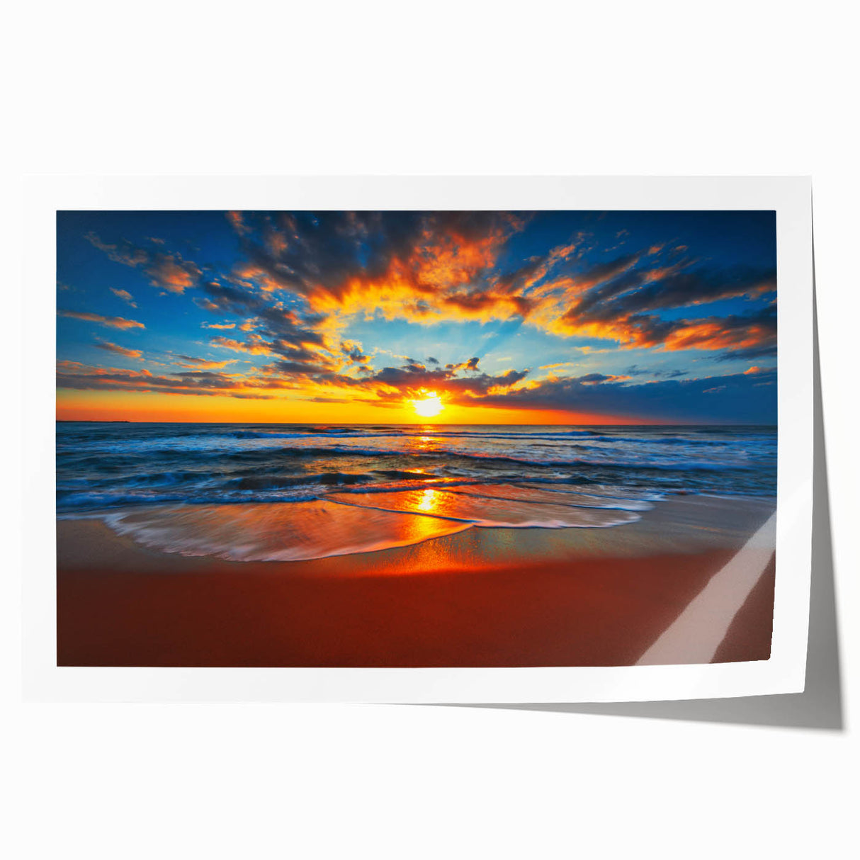 Extra large wall art of Bora Bora scenery on rolled print, featuring vivid blue waters and lush greenery.