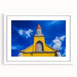 Abstract art print depicting serene Tahitian landscape in muted blue and green tones on a framed canvas.