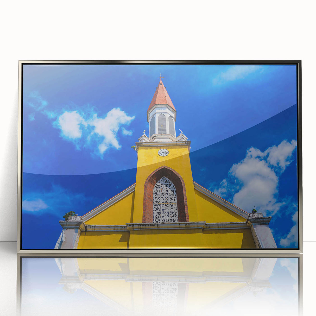 Mid-century modernist acrylic print of a serene Tahitian landscape in soft blue and green tones.