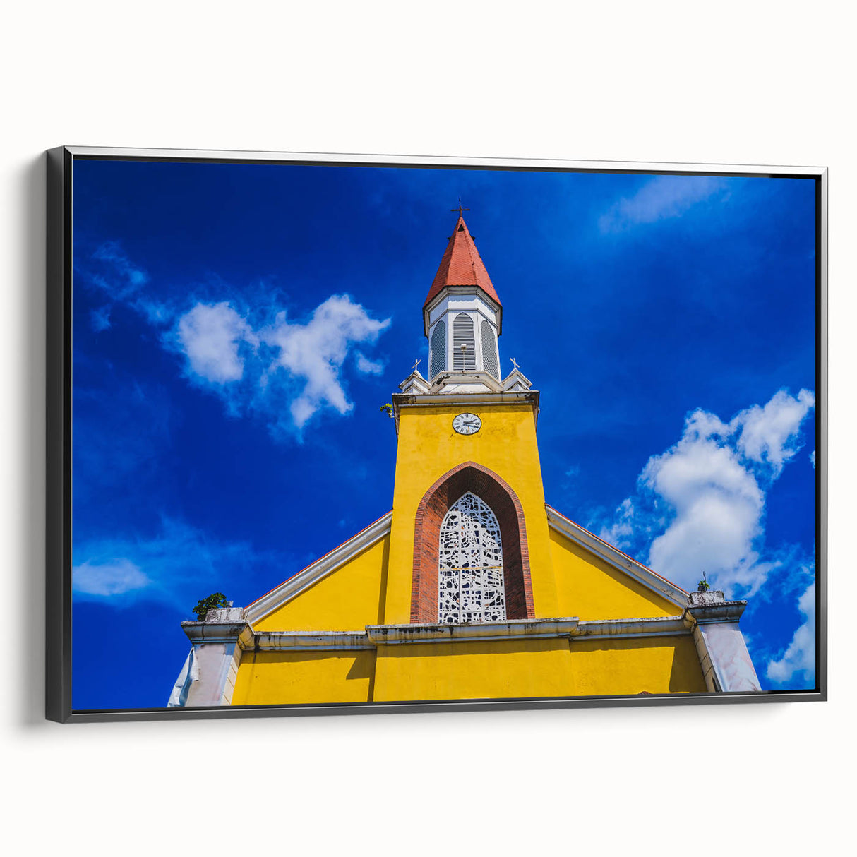 Black and white framed canvas of a Tahitian landscape, ideal for bedroom wall art in a vintage poster style.