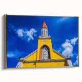 Framed canvas of a Tahitian landscape in muted blues and greens, ideal for bedroom wall art.