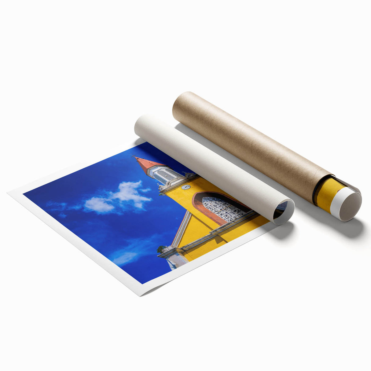 Extra large rolled print of a Tahitian landscape with vibrant greenery and ocean blues, ideal for dining room wall art.