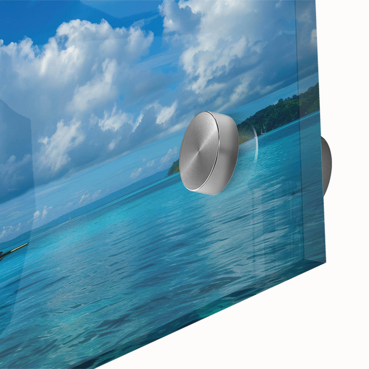 Large abstract wall art in mid-century modernist style, featuring muted blue and green tones on acrylic glass.