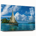 Large abstract wall art depicting an oceanic scene in muted blue and green tones, acrylic print.