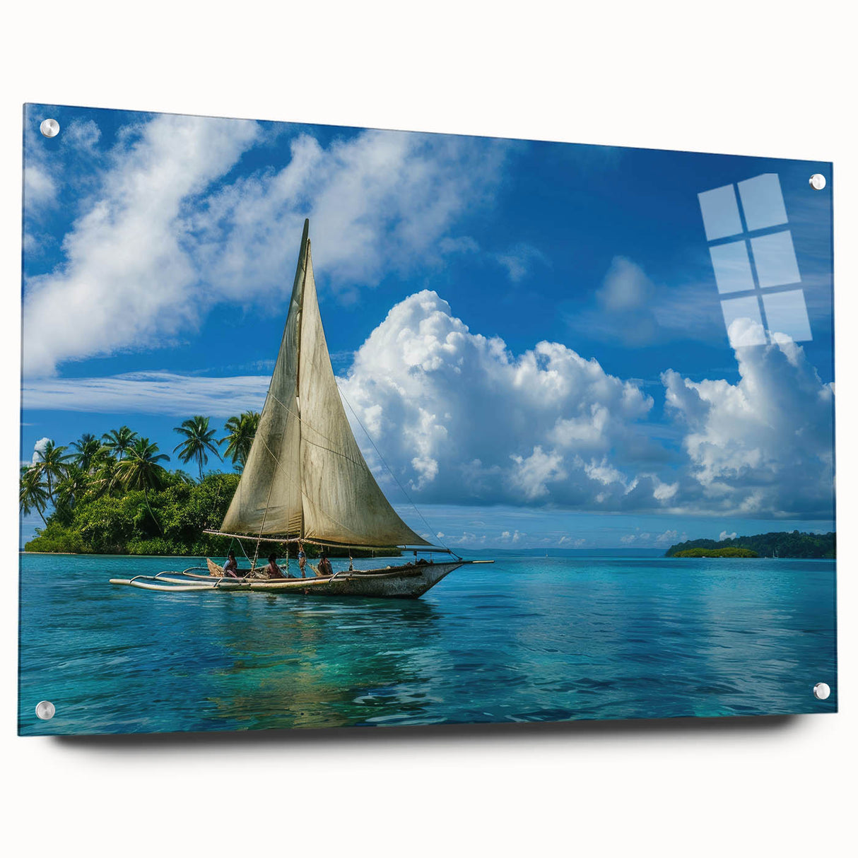Large abstract wall art depicting an oceanic scene in muted blue and green tones, acrylic print.
