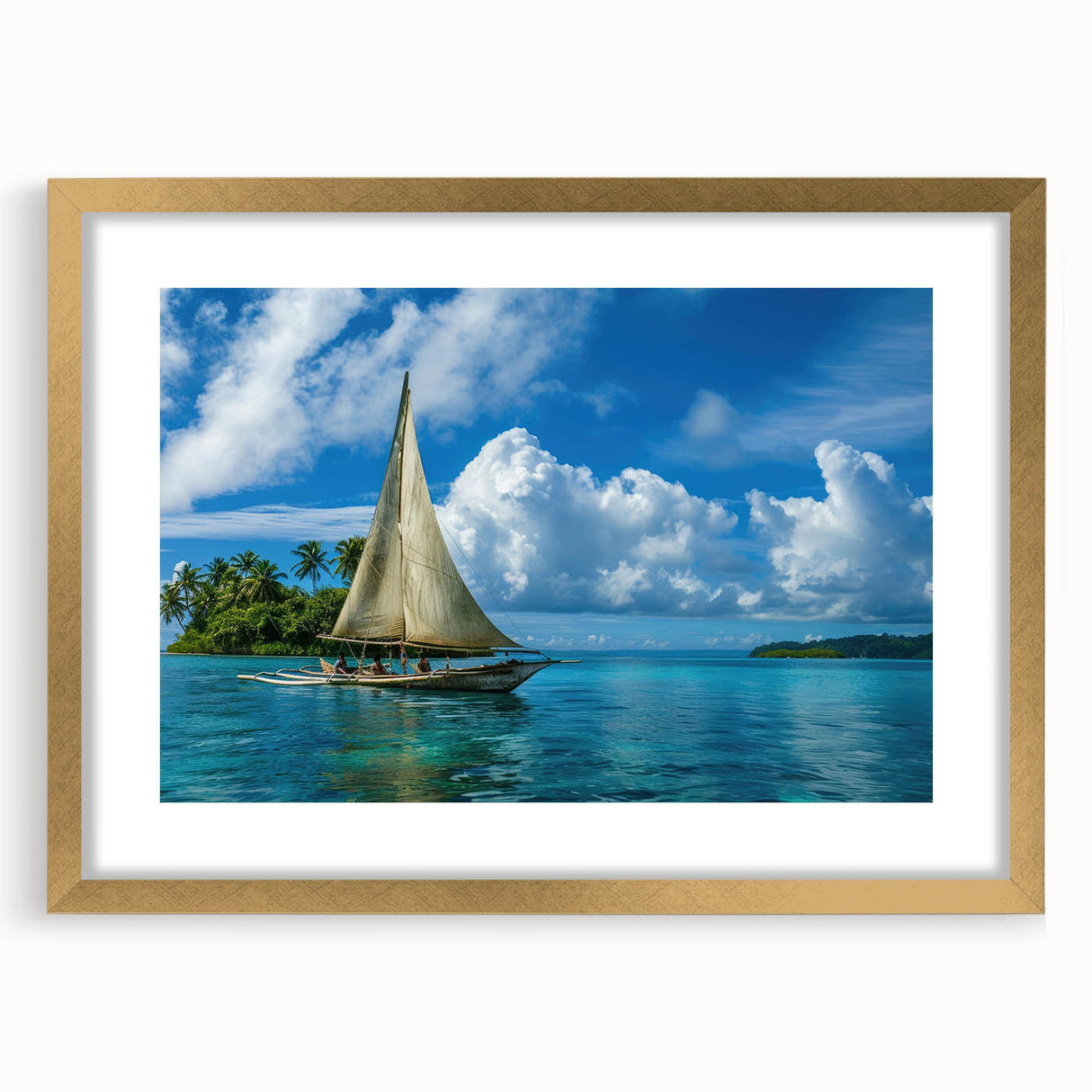 Extra large abstract art print featuring textured oceanic scenery in muted blues and greens, framed in gold.