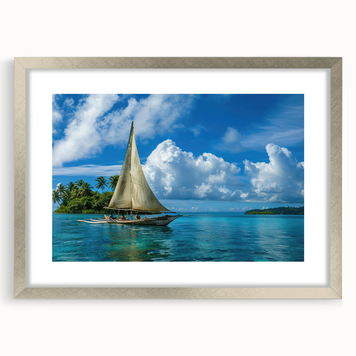 Textured abstract art print of a serene oceanic scene in muted blue and gray tones, framed in silver.