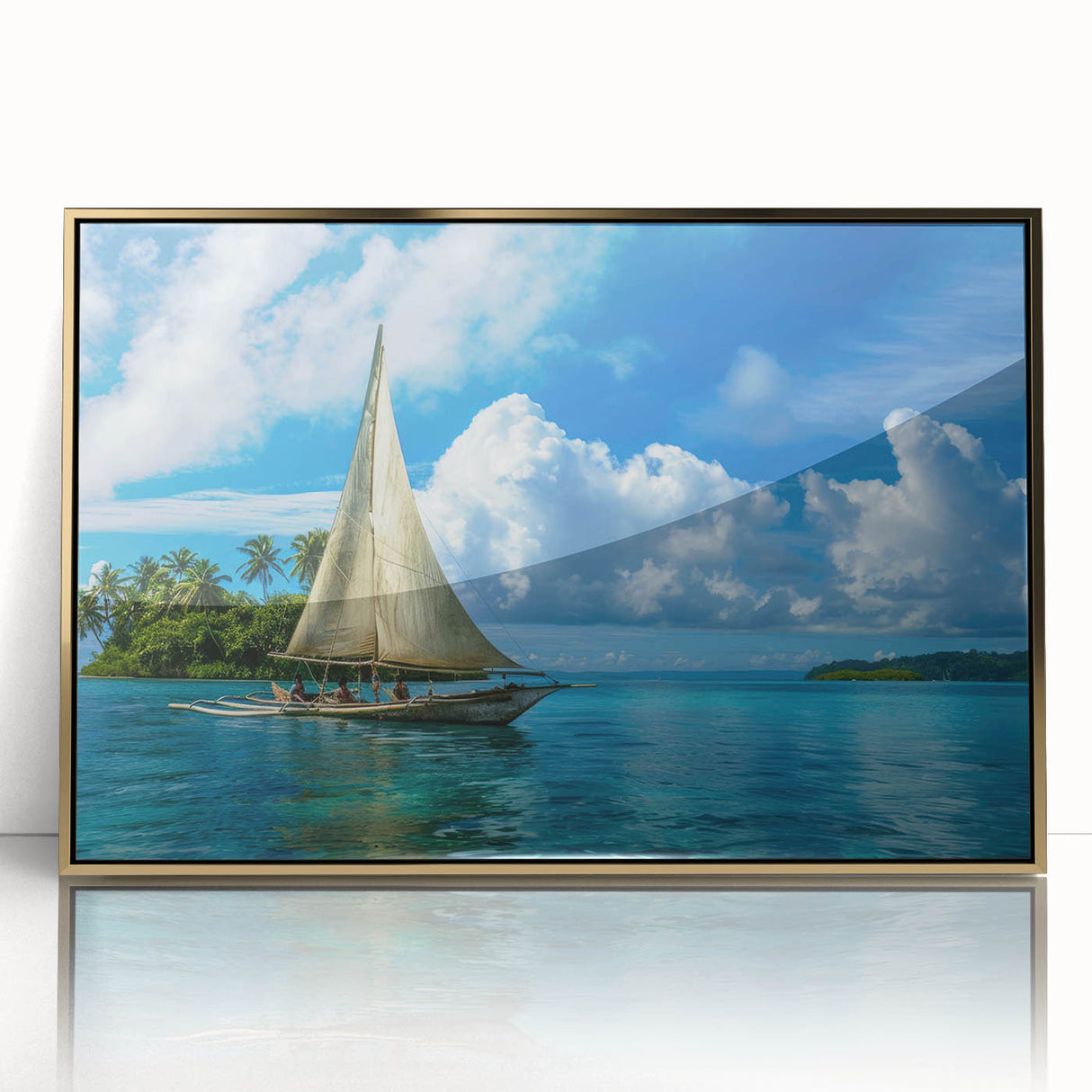 Large art print of an oceanic Micronesian scenery in a gold framed acrylic, featuring mid-century modernist style.