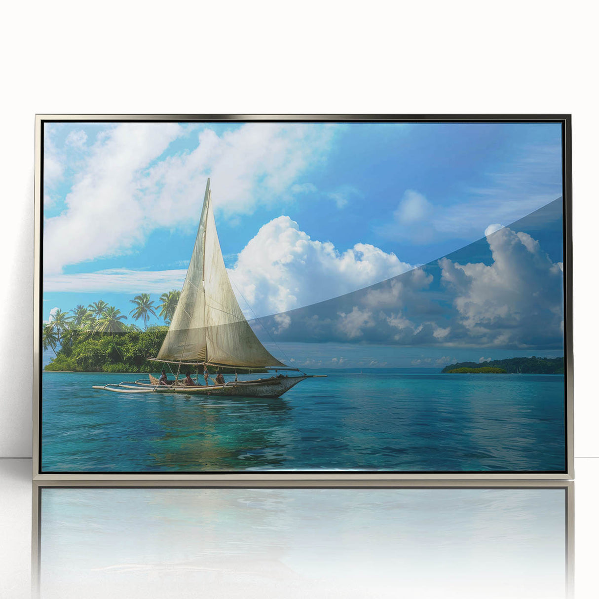 Mid-century modernist art depicting a serene Micronesian ocean scene in cool blue shades, framed in acrylic.