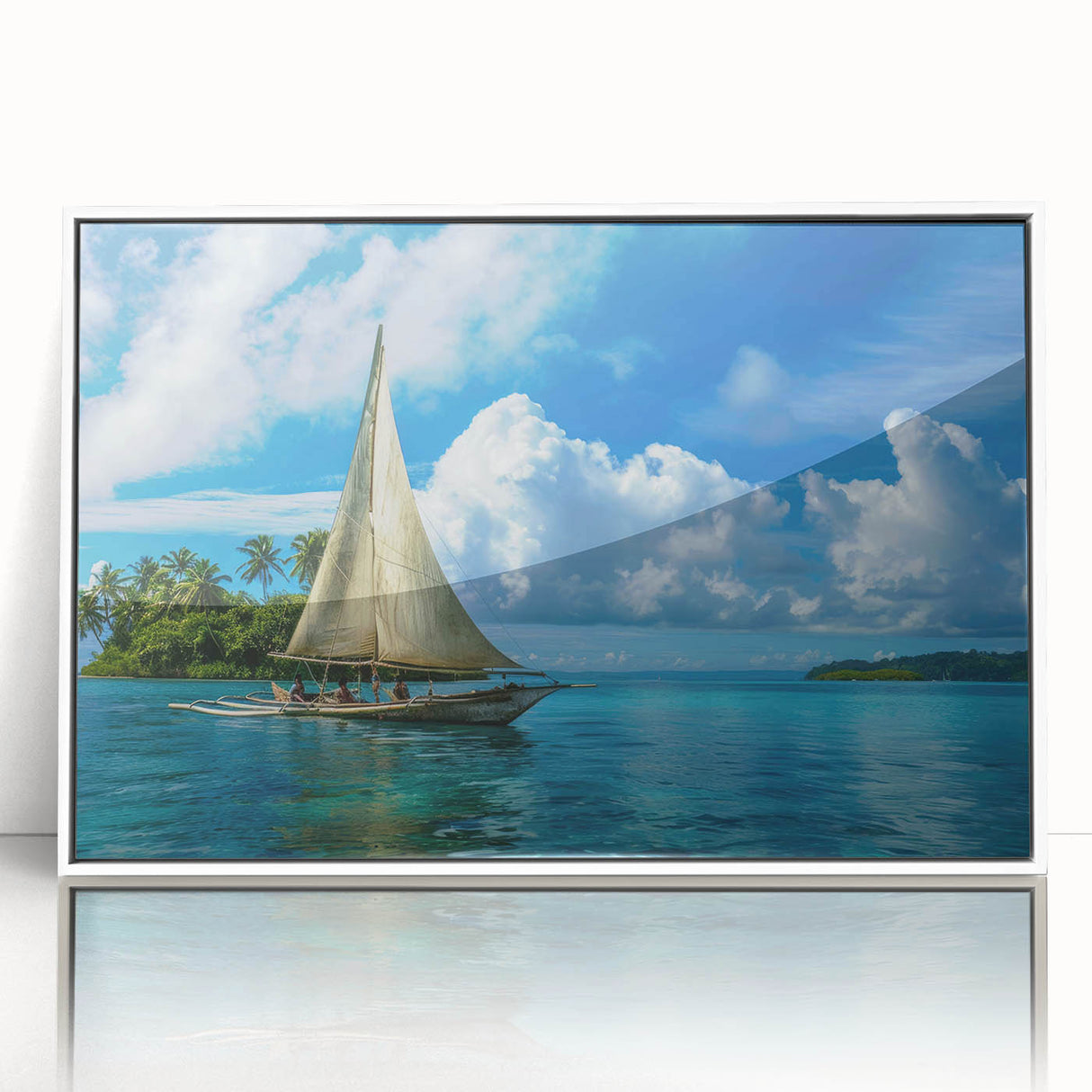 Art deco poster of Micronesia scenery in muted blue and white, acrylic framed, ideal for modern nursery wall art.