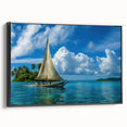 Black and white vintage poster art of a Micronesian landscape on framed canvas, ideal for bedroom wall decor.