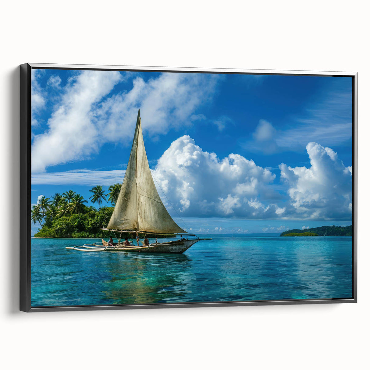 Black and white vintage poster art of a Micronesian landscape on framed canvas, ideal for bedroom wall decor.
