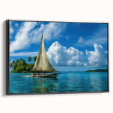 Black and white vintage poster art of a Micronesian landscape on framed canvas, ideal for bedroom wall decor.