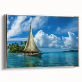 Landscape art painting of Oceania scenery on framed canvas, featuring colorful art with black and silver tones.