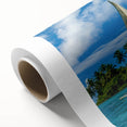 Art Deco poster of a serene Micronesian oceanscape in pastel blue and green tones on rolled canvas.
