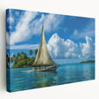 Large stretched canvas featuring a serene Micronesian oceanic landscape in soft blue and green tones.