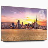 Acrylic glass print of Auckland skyline in muted blue and gray tones, suitable for bedroom or dining room art.
