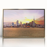Framed acrylic print of Auckland skyline in muted colors, ideal for modern art wall decor.