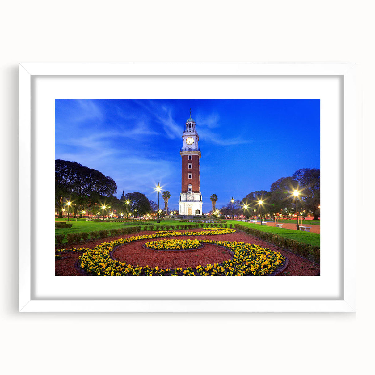Abstract art print of Buenos Aires cityscape in muted gray and blue tones on a framed white mat.