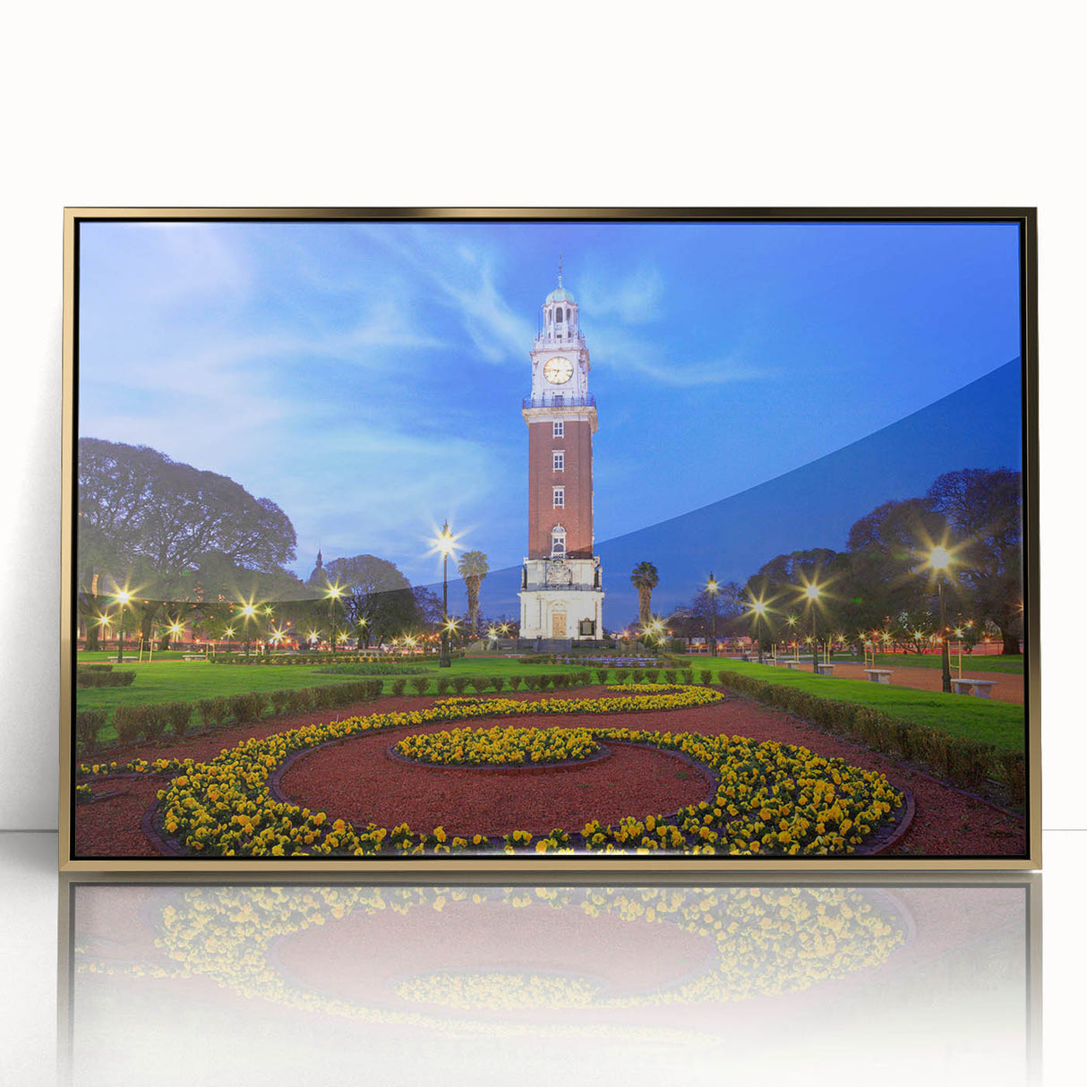 Acrylic print of Buenos Aires scenery in gold frame, blending mid-century modernist style with muted earth tones.