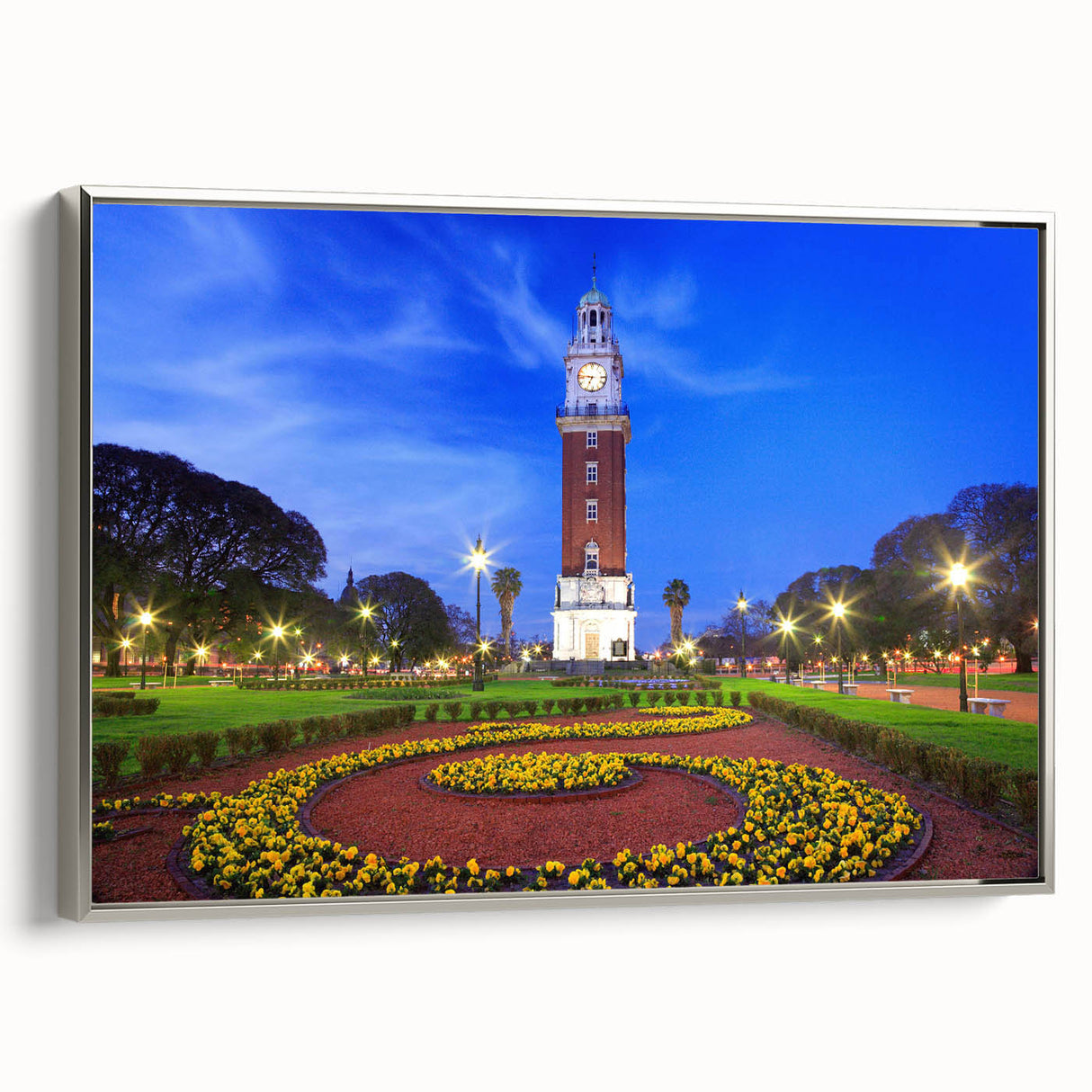 Framed canvas of a vintage-style landscape painting depicting Buenos Aires, with colorful art elements and a black border.