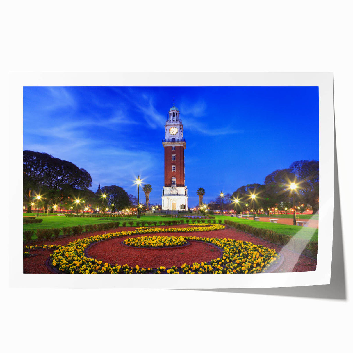 Rolled print of Buenos Aires scenery with vibrant floral elements in pastel shades.