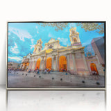 Mid-century modernist art depicting a serene Argentine landscape in soft, earthy tones on a framed acrylic print.