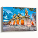 Framed canvas depicting a vintage-style landscape of an Argentine scenery, featuring vibrant colors on a black background.