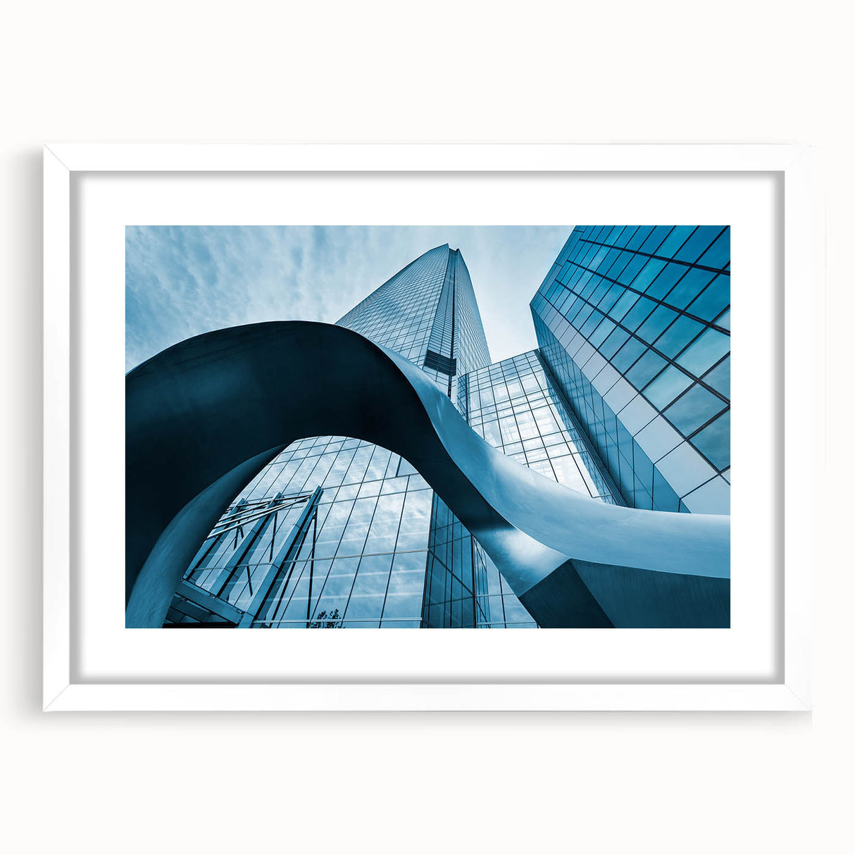 Abstract art print of Santiago, Chile skyline in muted gray tones on a framed white mat.