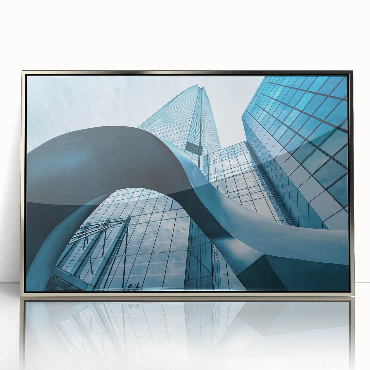 Mid-century modernist art of Santiago, Chile skyline in muted earth tones on a silver-framed acrylic print.