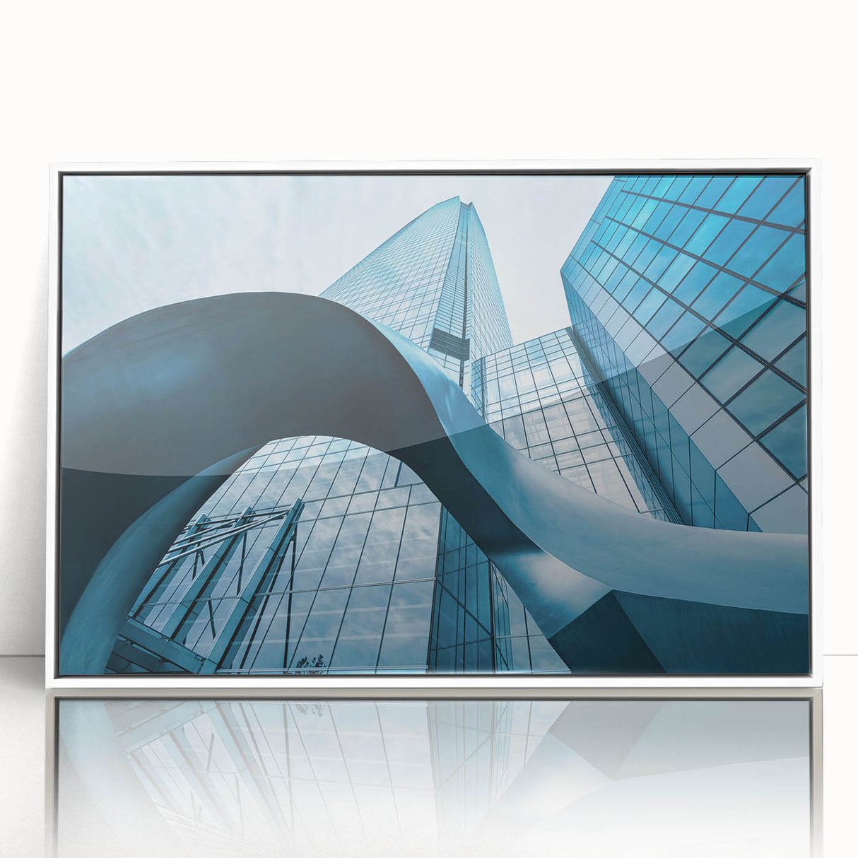 Acrylic print of Santiago skyline in muted pastel shades, framed in white, ideal for modern art wall decor.