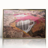 Framed acrylic print of a Colombian landscape in mid-century modernist style, featuring earthy tones.