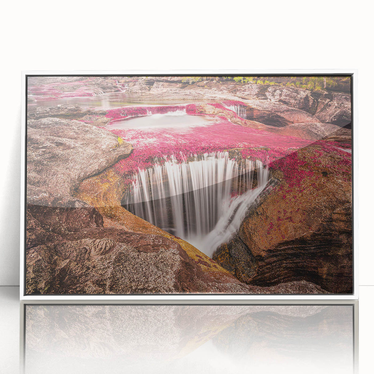 Acrylic print of a serene Colombian landscape in soft pastel shades, framed in white, suitable for modern nursery decor.
