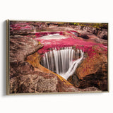 Framed canvas featuring a vintage-style landscape painting of a Colombian scenery in black and gold tones.