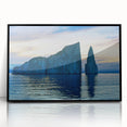Large abstract wall art depicting a stylized Galapagos scenery in muted earth tones, framed in black acrylic.